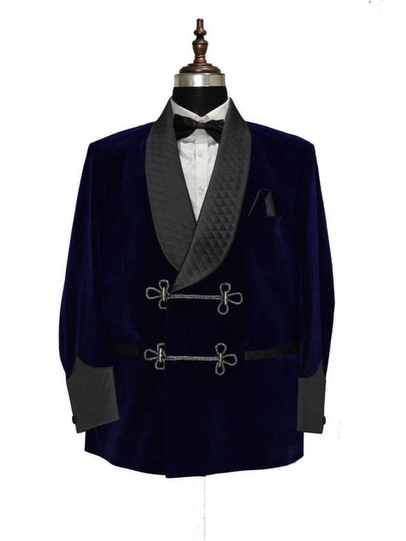 Royal Blue Velvet Smoking Jacket for Men - Elegant Frogging Coat