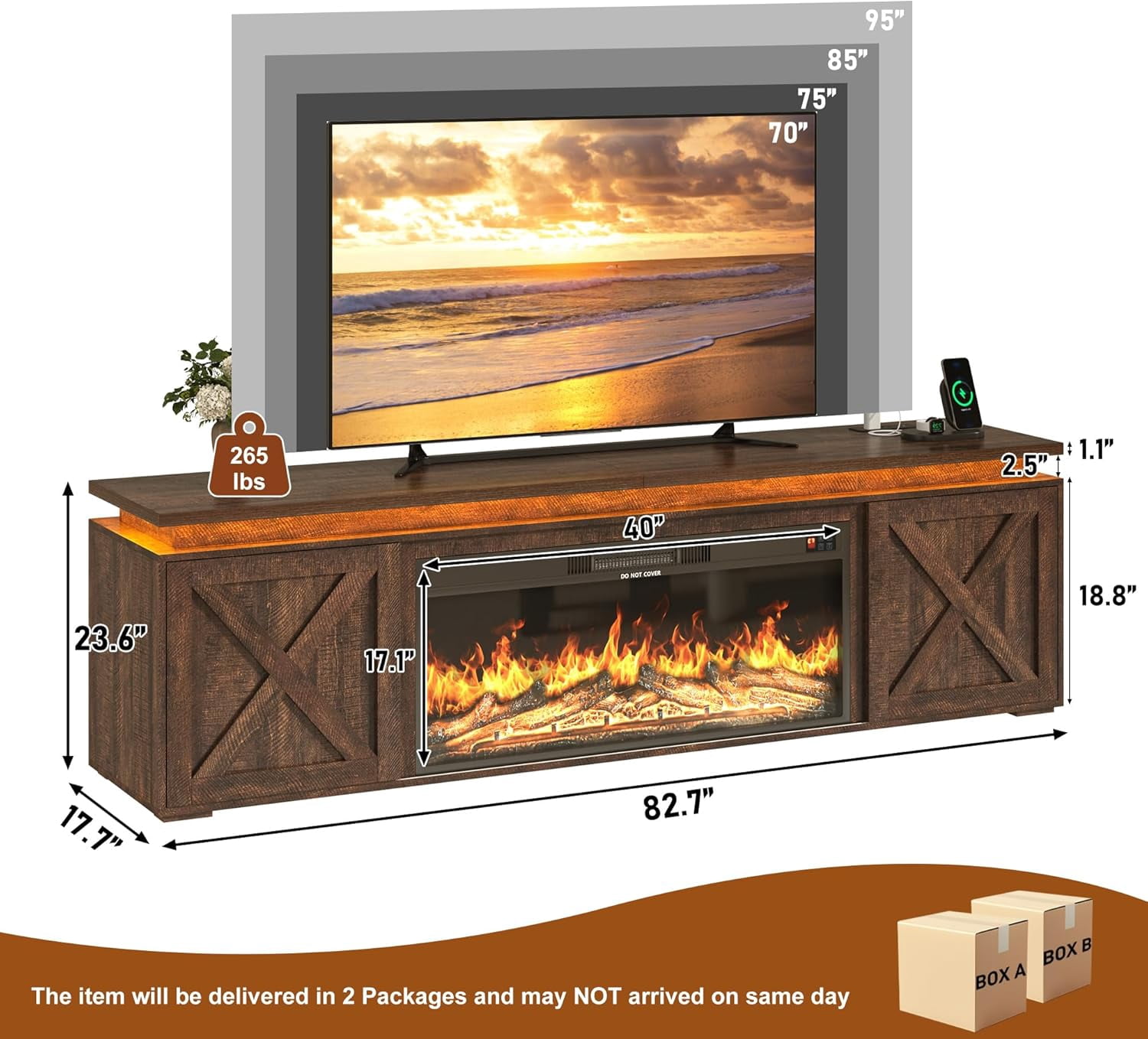 ANPOO 82.7" Fireplace TV Stand for TVs up to 95" with 40" Electric Fireplace, Large Farmhouse Entertainment Center with LED Light & Power Outlets and Sliding Barn Doors for Living Room, Bedroom