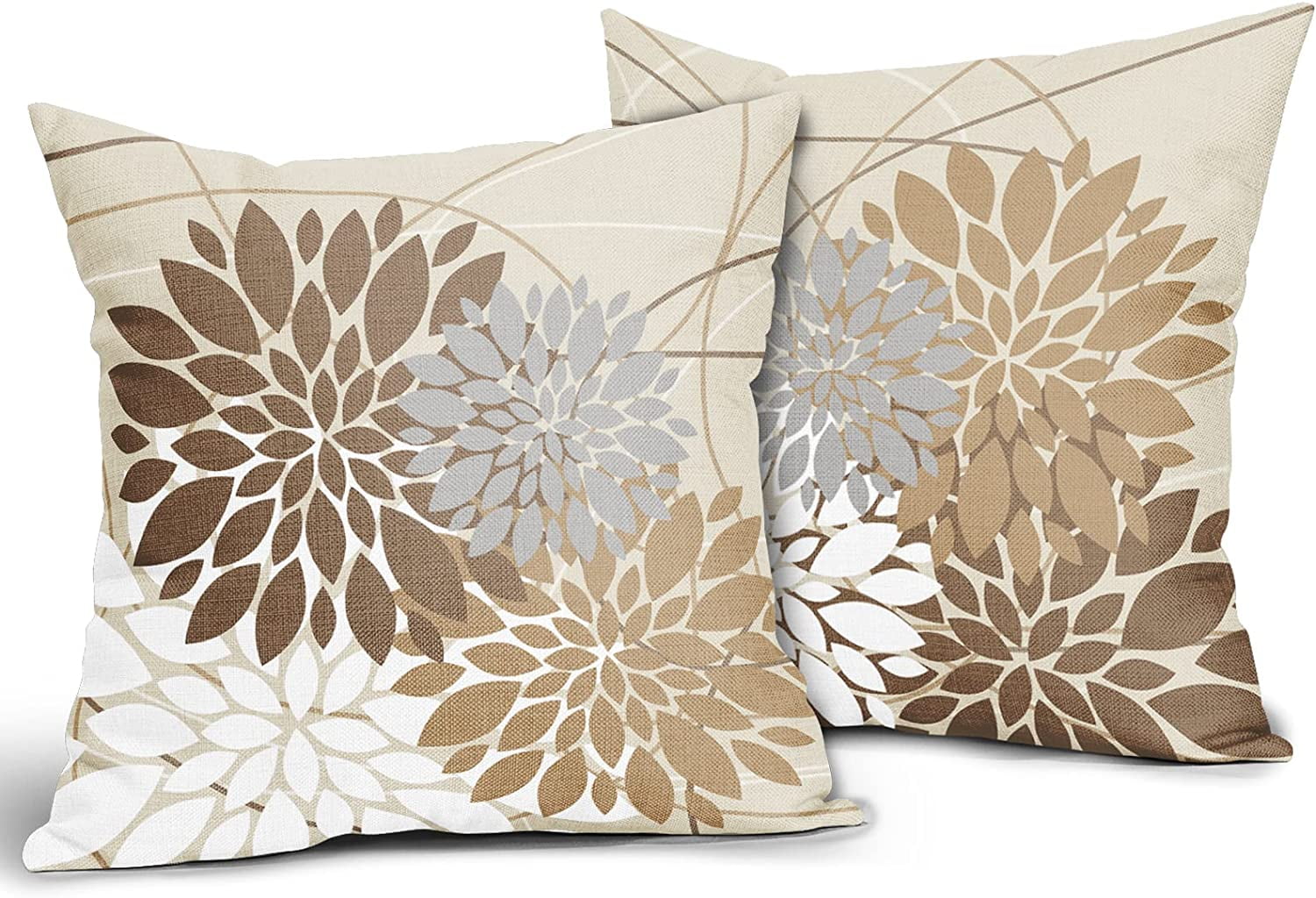 Brown Gray Grey Pillow Covers 16x16 Inch Dahlia Flower Decorative Throw Pillows Modern Geometry Floral Outdoor Farmhouse Pillowcase Linen Square Cushion Case Decor for Home Sofa Couch Bed, Set of 2