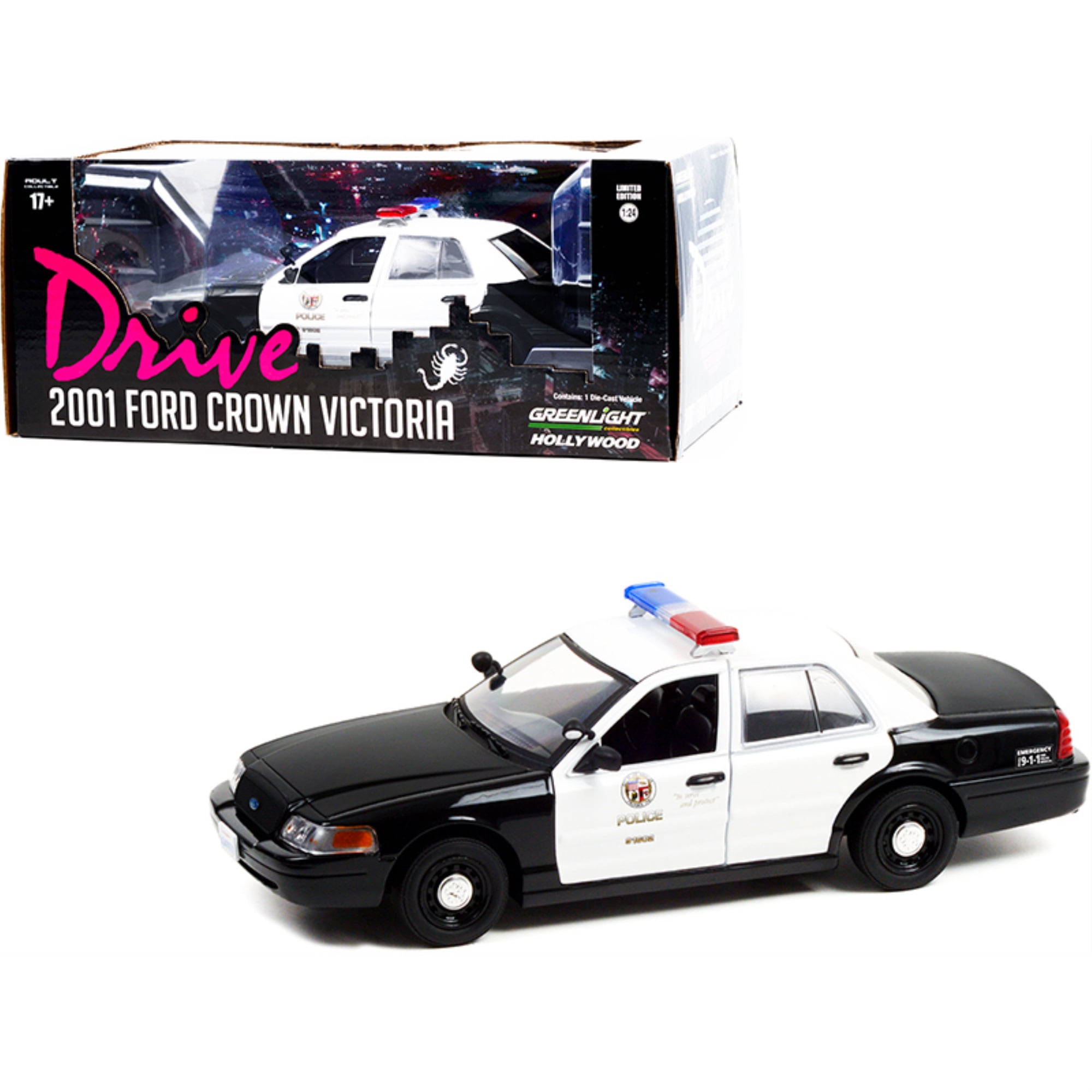 Police Car with Light 1:24 Die Cast 2001 Ford Crown Victoria Black and White 