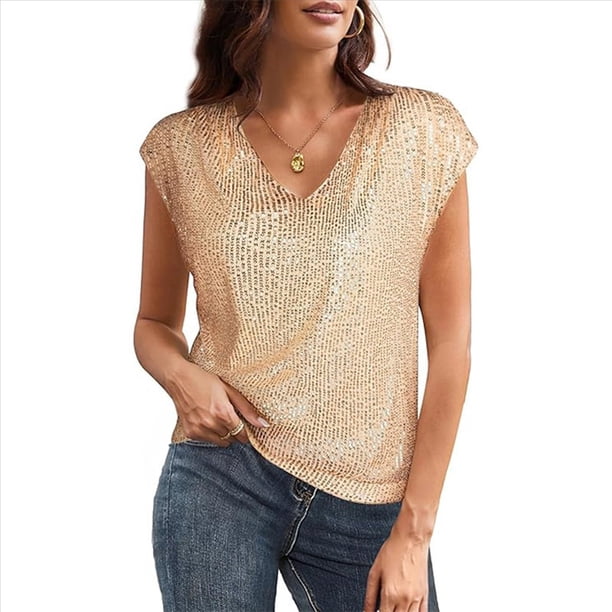 Tops de Corta con Lentejuelas y Cuello en V para Mujer, Camiseta Elástica Brillante Dorada L