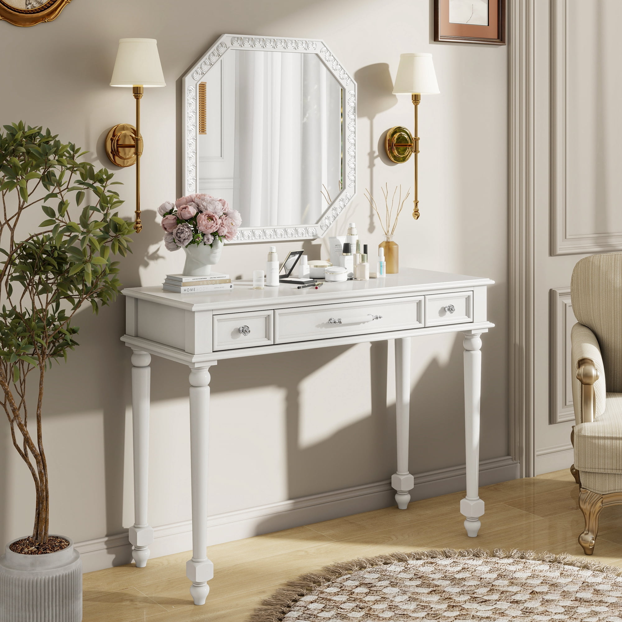 Euroco Vintage Vanity Desk with Octagonal Mirror – Distressed White Makeup Table with Storage Drawers & Carved Details