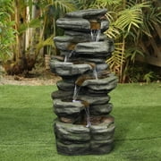Outdoor 5-Tier Rock Water Fountain with LED Lights - Rockery Cascading Outdoor Waterfall Fountain