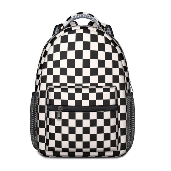 Black and White Checkered Backpack for School,Cute School Bag,Schoolbag with Adjustable Shoulder Straps & Padded Back,15.3"x11"x6.7"