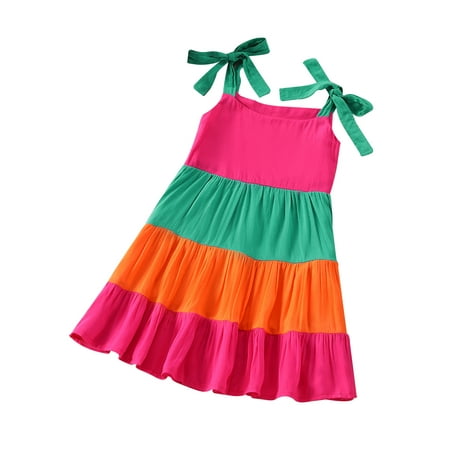 

Suanret Little Girls Slip Dress Autumn Toddlers Sweet Style Color Matching Tie Up Shoulder Sleeveless Wide Hemline Princess Skirt Colorful 3-4 Years