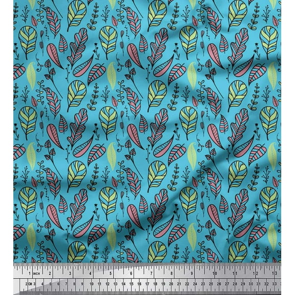 Soimoi Blue Cotton Duck Fabric Artistic Leaves Printed Craft Fabric by the Yard 42 Inch Wide