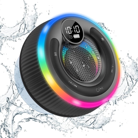 Bluetooth Speaker, Shower Speaker Stereo Sound, IPX7 Waterproof Speakers, Digital Display Portable with Suction Cup, LED Light, Small Wireless Speakers for Outdoor Party Beach Bathroom, Black