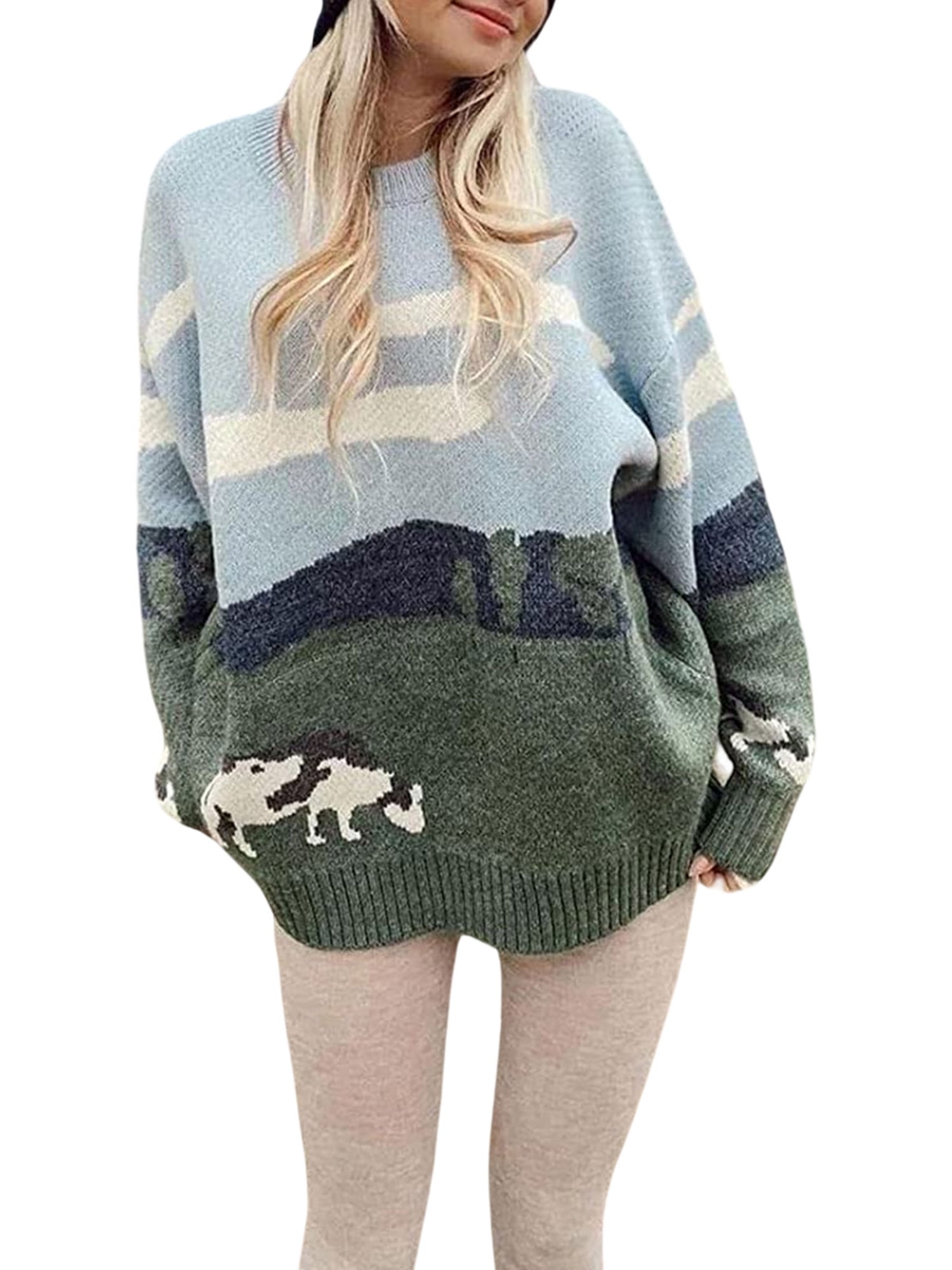 hirigin Men Sweater Long Sleeve Crew Neck Cow Pattern Winter Knit Pullover for Casual Daily Walmart