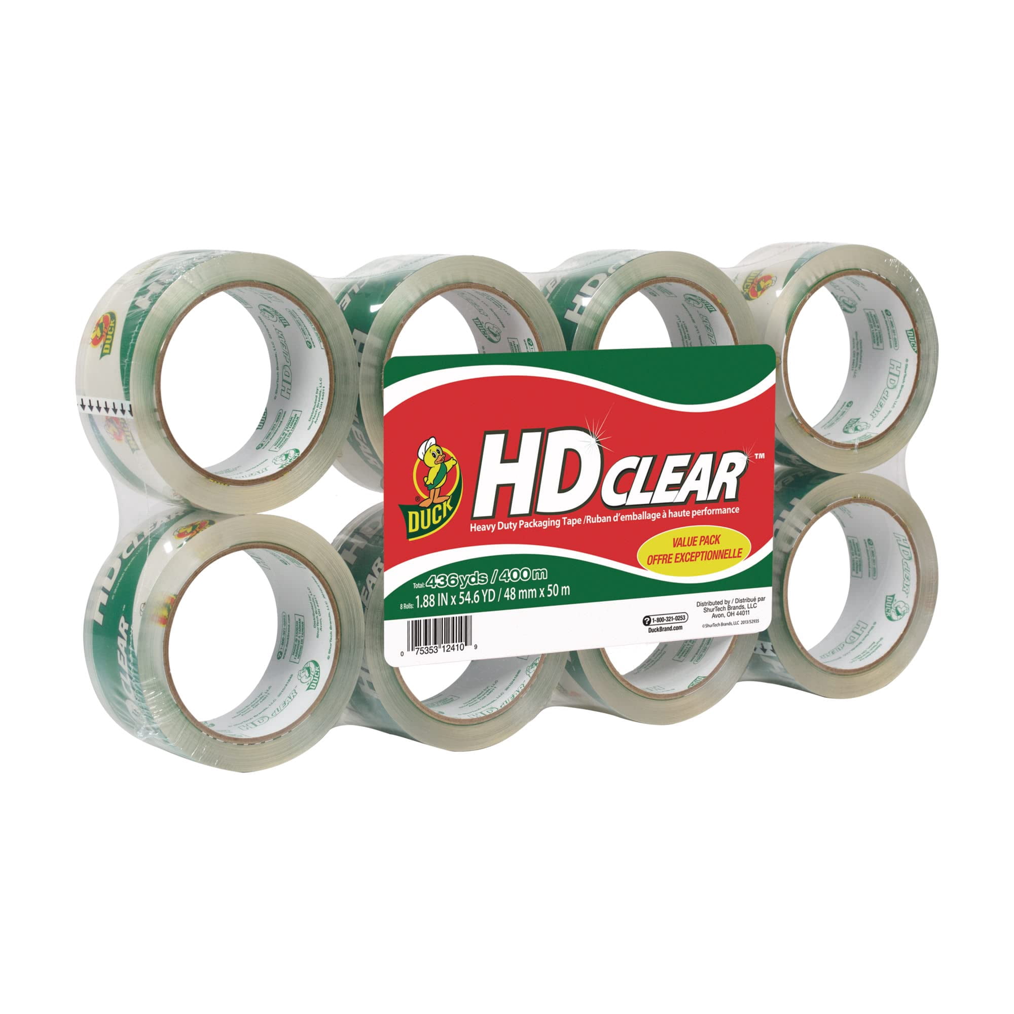 Duck® HD Clear™ Heavy-Duty Packaging Tape, 3" Core, 1 7/8" x 54 5/8 Yards, Clear, Pack Of 8
