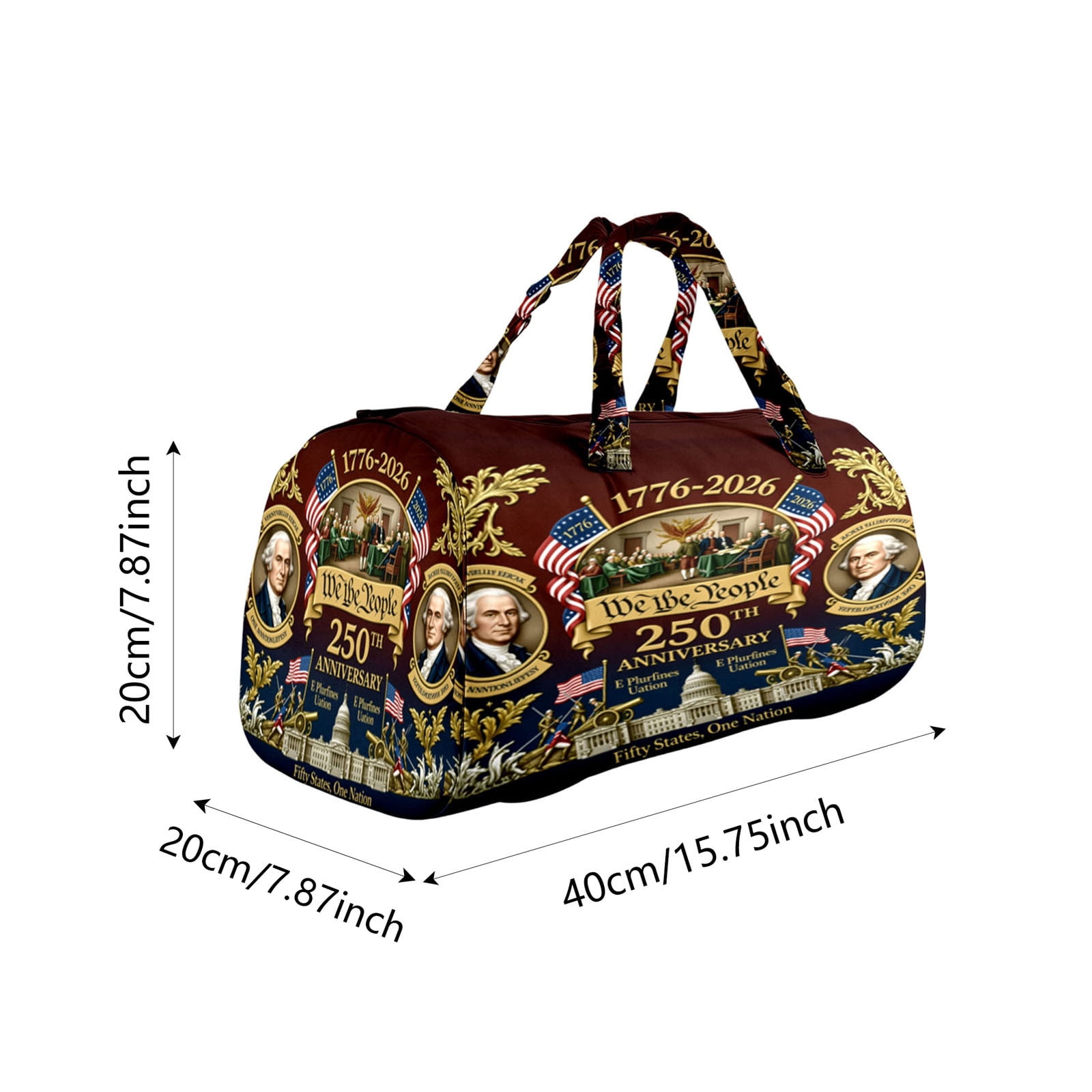 8"x8"x16" America 250th Anniversary “We The People” Heritage Handmade Hippie Van Quilted Duffle Bag, Declaration Of Independence Printed Hippie Van Quilted Duffle Bag, Original Boho Travel Bag
