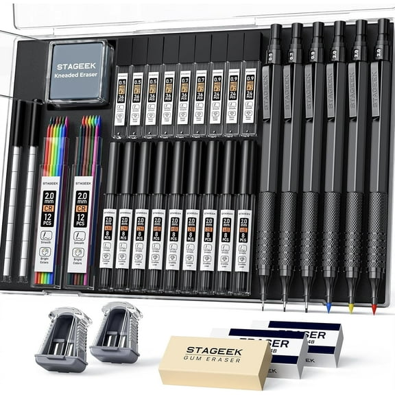 STAGEEK 35PCS Black Art Mechanical Pencil Set in Case，0.5 0.7 0.9 2.0 Graphite Metal Drawing Drafting Pencils, Sharpener Erasers 384PCS Lead Refills (6B 4B 2B HB 2H 4H Colors) for Writing,Black