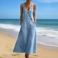 thumbnail image 4 of Women V-Neck Asymmetrical Buckle Denim Overall Long Dress, Loose Slim Fit Dress for Daily Commute and Outdoor Activities, 4 of 5