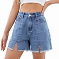 thumbnail image 3 of Jean Shorts for Women High Waisted Stretchy Casual Denim Shorts Front-Slit Frayed Hem Summer Trendy Jorts Light Blue XL, 3 of 9