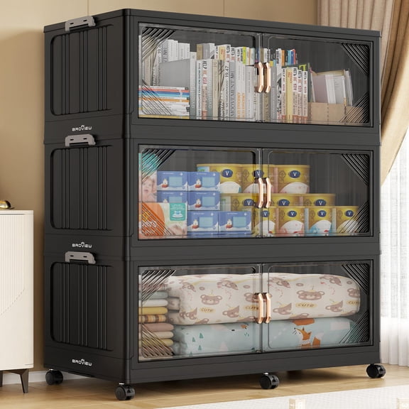 Broview 660QT Plastic Stackable Storage Bins with Lid, Extra Large Folding Closet Organizers, Storage Drawers with 6x Wheels, Collapsible Cabinets for Closet Clothes Organization, 3Pack Black, V60