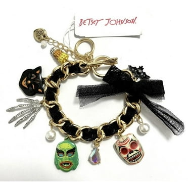 Betsey Johnson Halloween Charm Bracelet Goldtone Metal with Glow in the Dark Charm - Candy Corn Bat Werewolf Skeleton Mask Mesh Bow