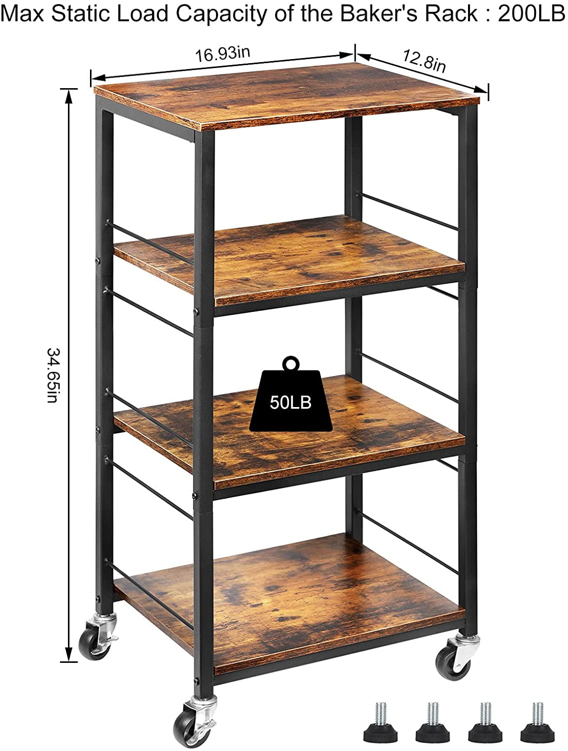 LINSHUI Rolling Kitchen Cart Industrial Serving Cart 4 Tier Wood