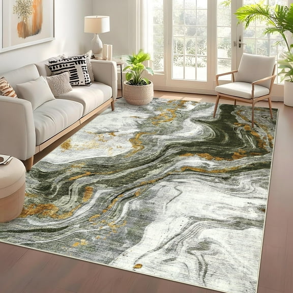 Garvee 8'x10' Modern Abstract Area Rug Washable Living Room Rug, Stain-Resistant Contemporary Soft Accent Carpet Non-Slip Low Pile Colorful Rugs for Bedroom Dining Room Home Decor, Green