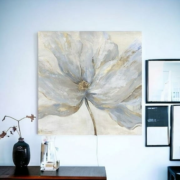 30" Soft Blue and Grey Flower with Gold Details Canvas Wall Art
