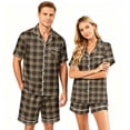 thumbnail image 2 of VV AVEORS Plaid Satin Matching Pajamas For Couples Silk Button Down Pjs Set Women & Men Short Sleeve Sleepwear 2 Pcs Loungewear Orange M, 2 of 6
