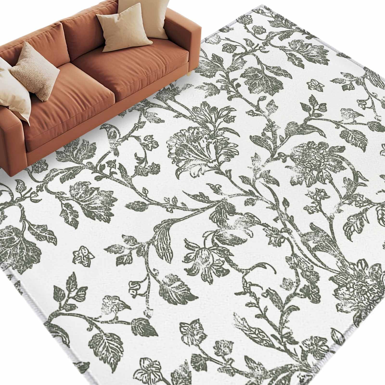 Pastoral Flowers Washable Area Rug 5 x 8 ft Retro Green Flower Farmhouse Plant Soft Non Slip Rugs Stain Repellent Indoor Felt Carpet for Living Dining Room Bedroom Home Office