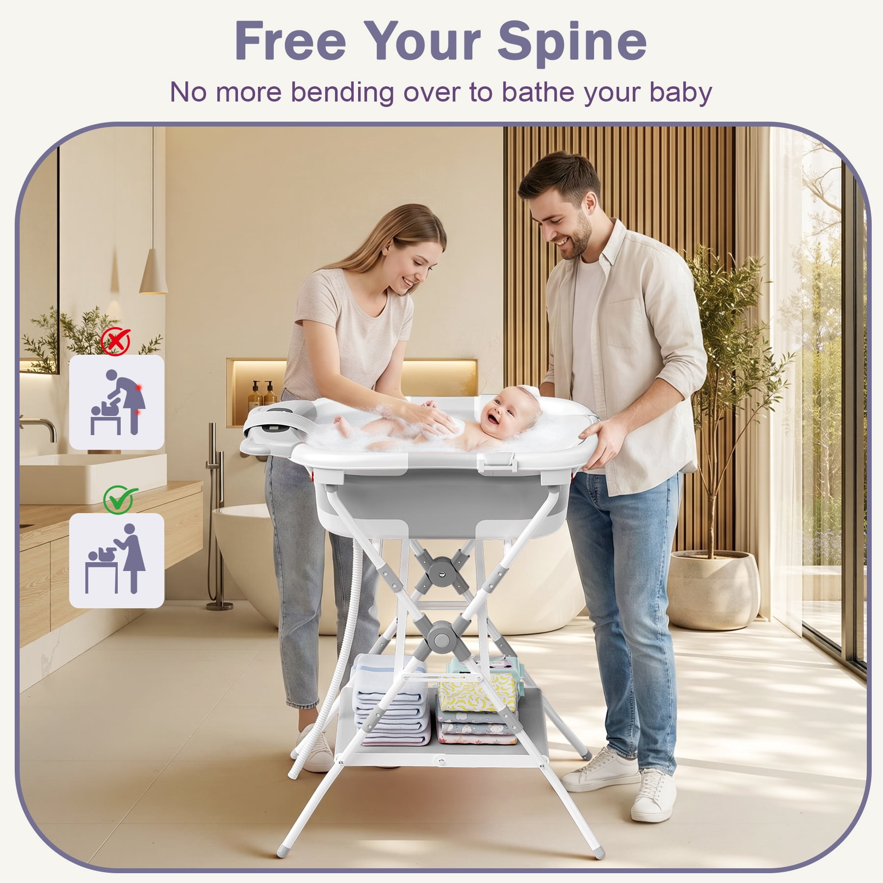 COOSEYA 2-in-1 Baby Bathtub with Stand for Newborn and Infants, Foldable Baby Bath Tub, Baby Shower Gifts for New Parents, Gray