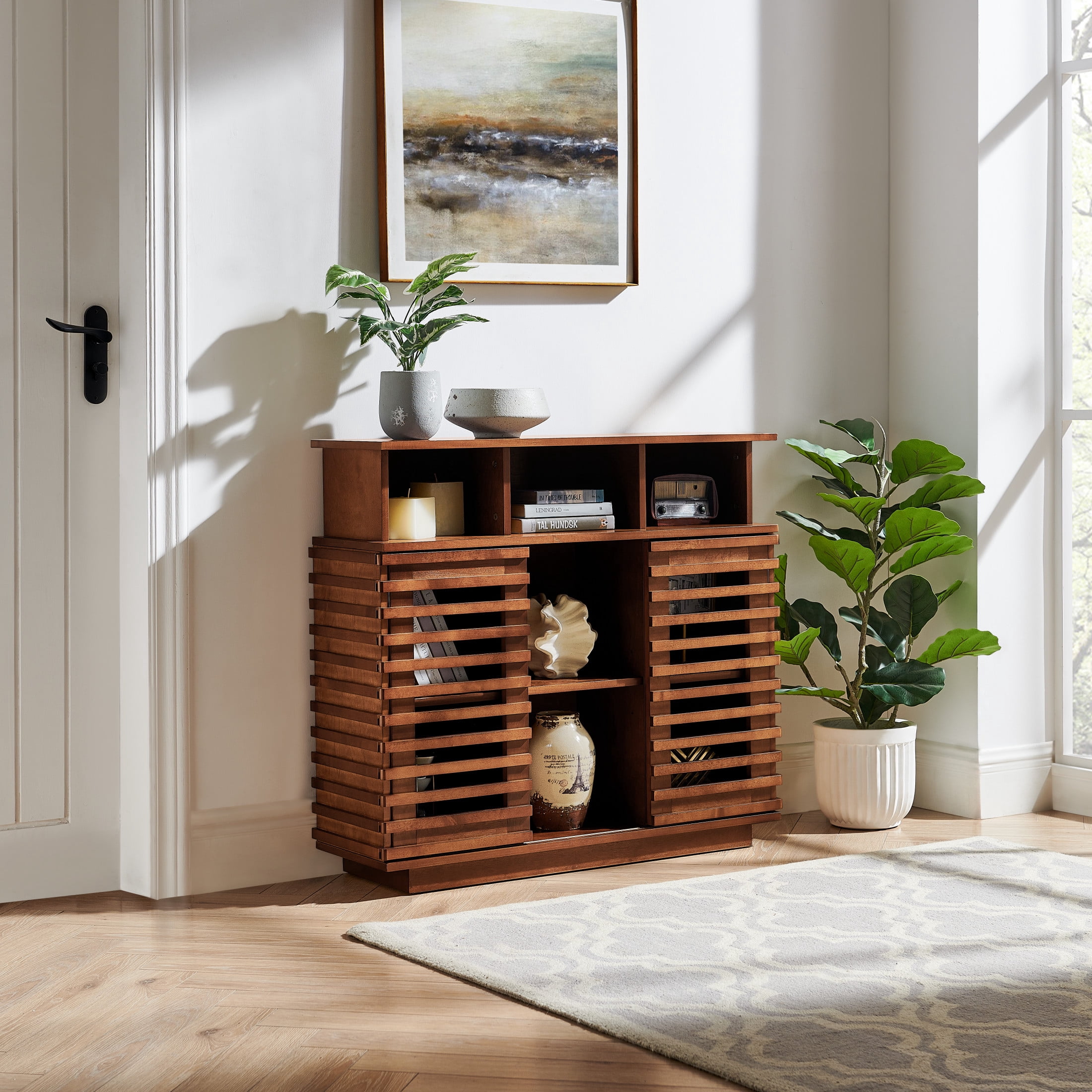 GDF Studio 36.1" Farmhouse Sideboard Buffet Cabinet with Sliding Doors, Adjustable Shelf, Walnut