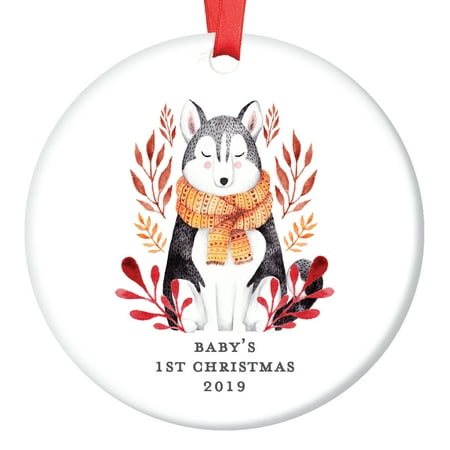 Gender Neutral Baby's First Christmas Ornament 2019, Baby Wolf Ornaments, Husky Dog Boy Girl Shower Gift Newborn Present Ceramic Present 3