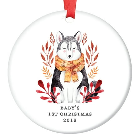 - Gender Neutral Baby's First Christmas Ornament 2019, Baby Wolf Ornaments, Husky Dog Boy Girl Shower Gift Newborn Present Ceramic Present 3