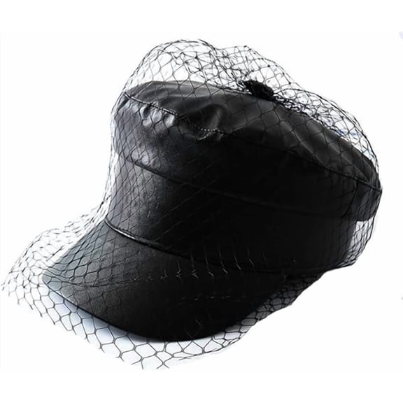 Spring Summer Women’s Newsboy Cap, Solid Black PU Leather Lace Veil Beret Hat, Fashionable Octagon Cap with Mesh Detail