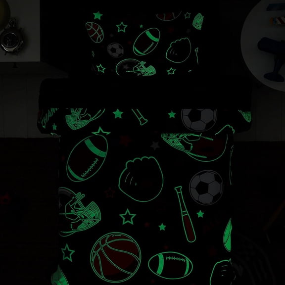 Twin Comforter Set for Boys-5 Pieces Sports Ball Games Glow in The Dark Twin Bedding Sets for Kids, Ultra Soft Bed in A Bag with Sheets