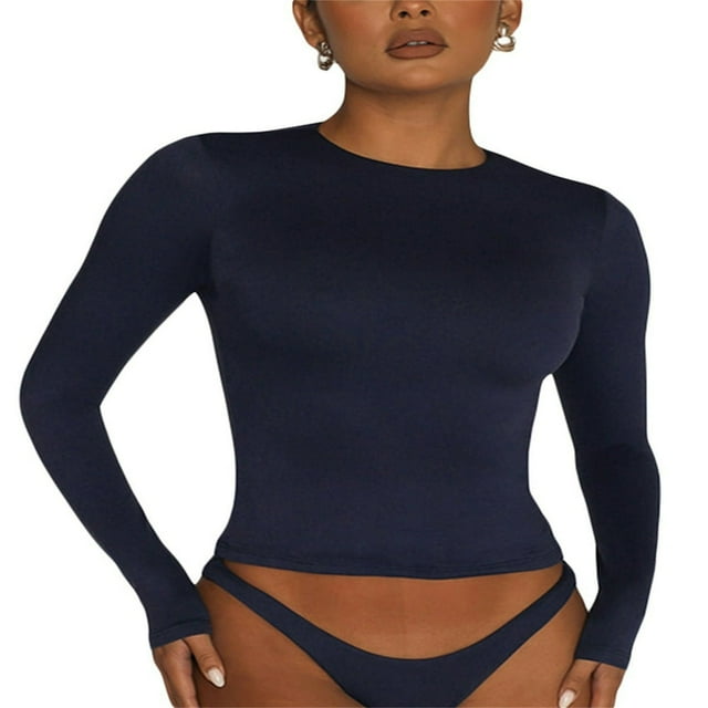 PENGXIANG Women‘s Y2K Slim Crop Tops Solid Color Long Sleeve Neck T-Shirts Basic Tee Yoga Workout Tops