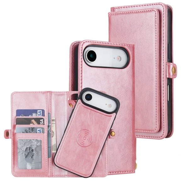 ELEHOLD for iPhone Air Wallet Case, Shockproof Leather Detachable Card Slots Phone Case With Lanyard Shockproof Wallet Cover,Rosegold