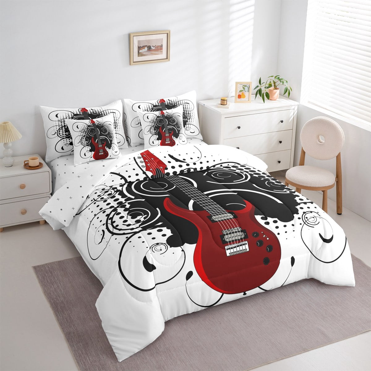 jejeloiu Red Guitar Twin Bedding Sets 7-Piece,Music Theme Bedding Comforter Set,Musical Instrument Sheet Sets For Children,Super Cozy Room Decor