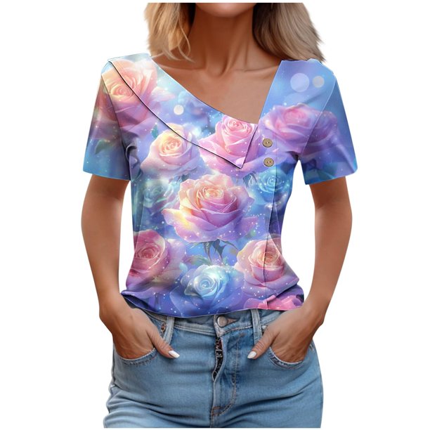 Top de Verano de las Mujeres, Cuello en V Moda Casual de Manga Corta Blusa, Primavera Y Verano Ligero Top