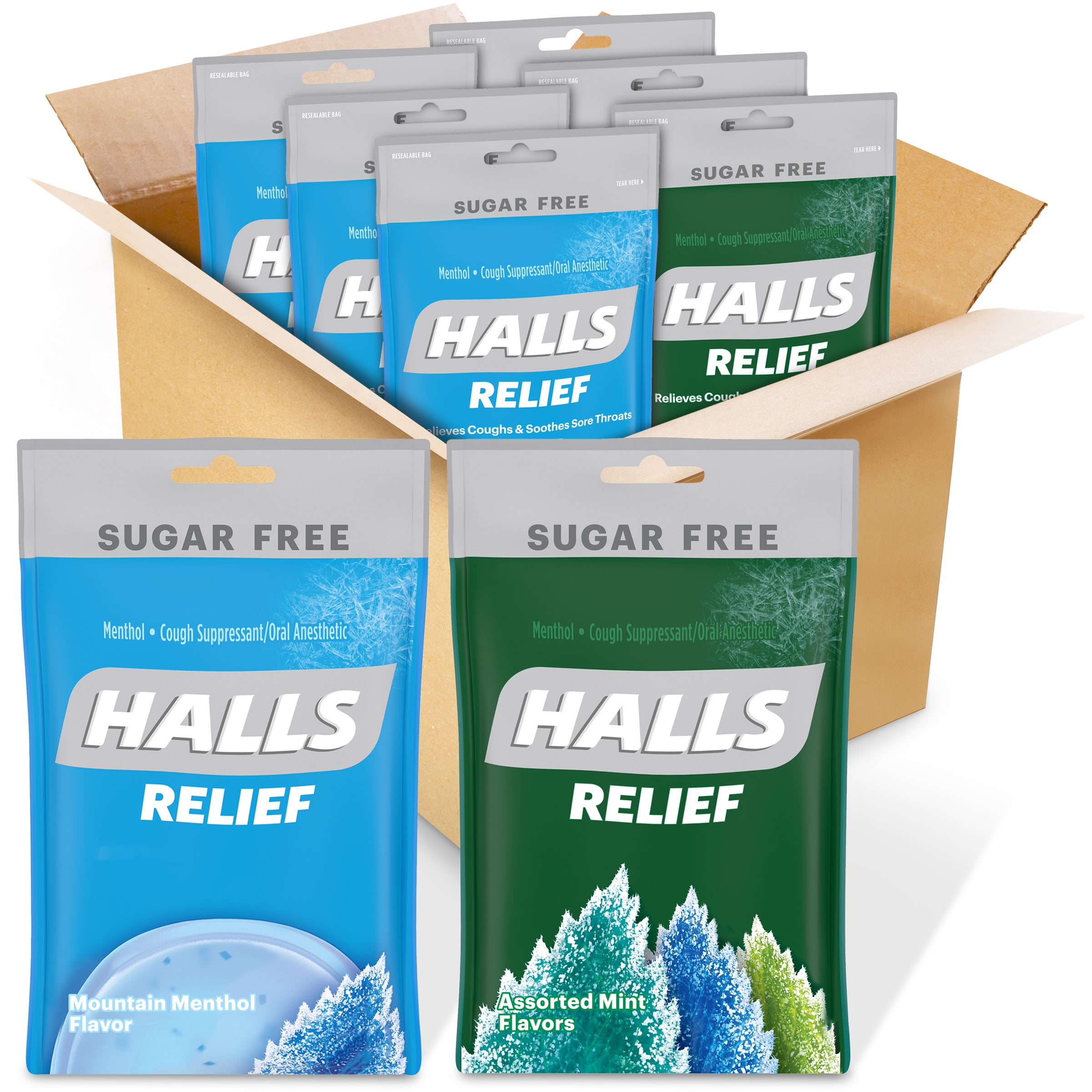 HALLS Relief Variety Pack Mountain Menthol and Assorted Mint Sugar Free Cough Drops, 6 Packs of