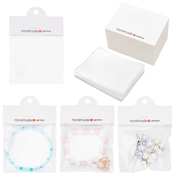 1box 120pcs Jewelry Packaging bag 120pcs Jewelry Display Holder Cards White Handmade with Love Display Clear Jewelry Pouch for Small Business Small Craft Packaging for Bracelet Necklace White Paper