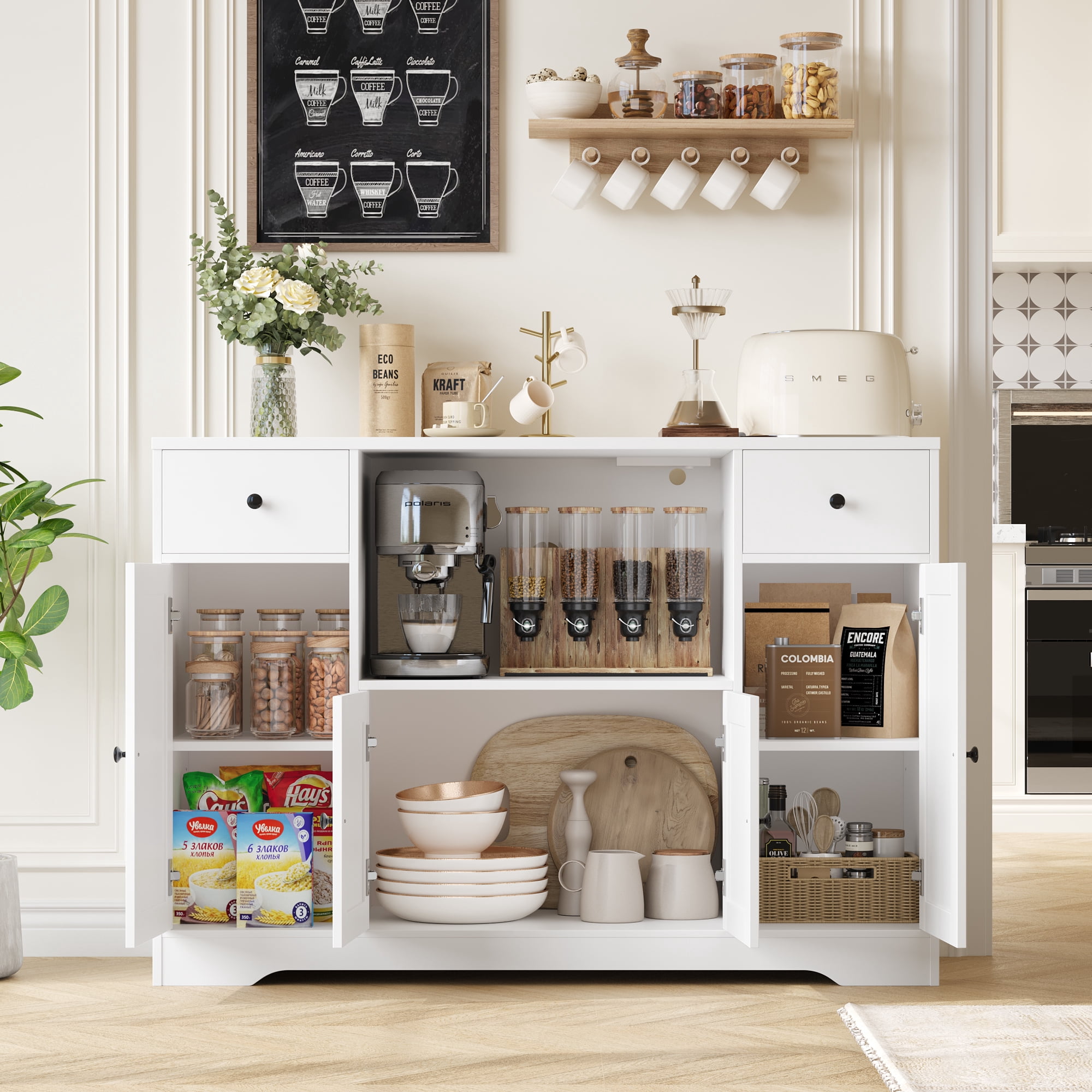 Homfa Kitchen Buffet Cabinet with Microwave Shelf, 47" W Sideboard with Charging Station, Microwave Coffee Buffet for Kitchen Dining Room, White