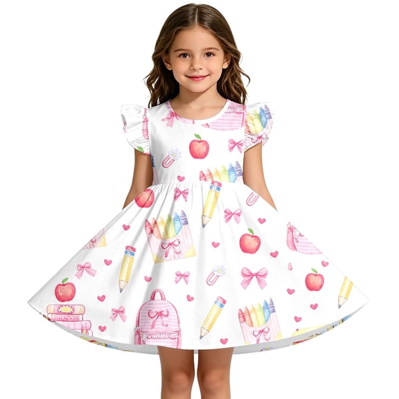 Curuila Toddler Child Girls Dress Flutter Sleeve Cartoon Print Crew Neck For School Soft Casual Dresses Size 18-24 Months