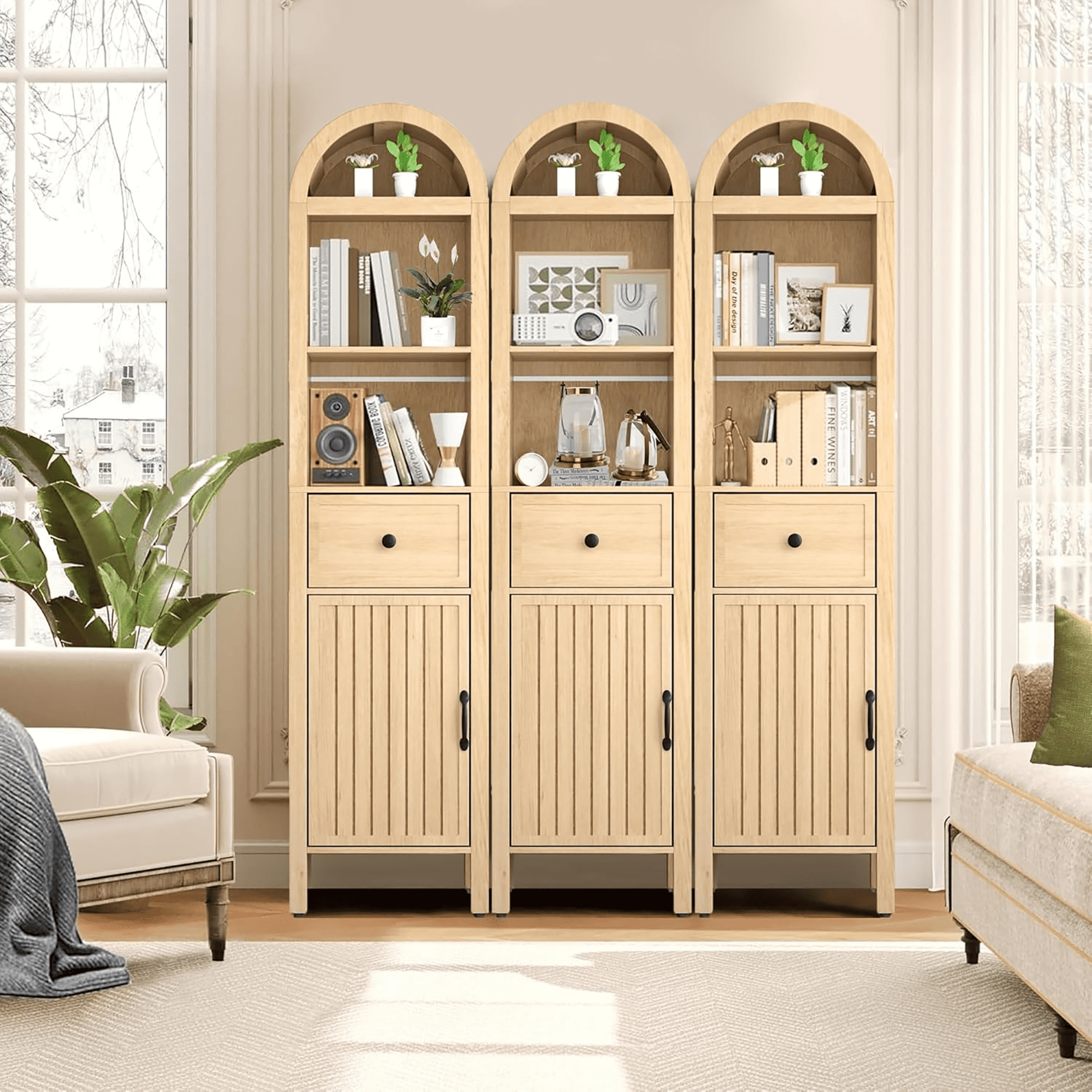 Oubayajia 64" Tall Bathroom Storage Cabinet, Narrow Tall Arched Linen Standing Tower Cabinet, Kitchen Cupboard with Adjustable Shelf and Drawer