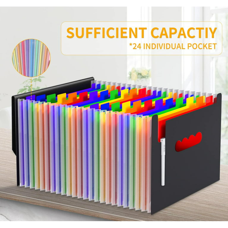24 Pockets Expanding File Folder with Cover Accordian File Organizer  Portable A4 Letter Size File Box,High Capacity Plastic Colored Paper  Document