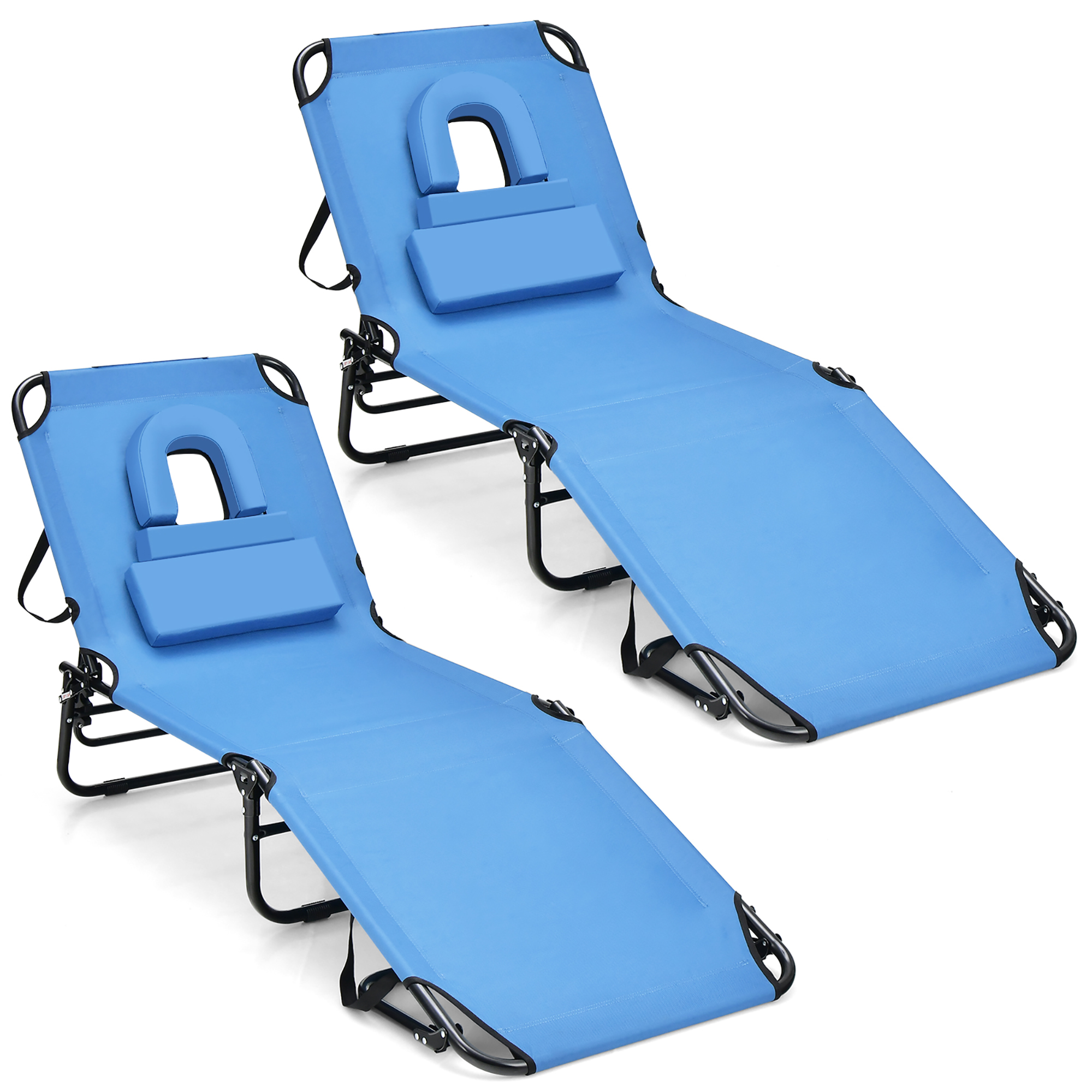 Costway 2 PCS Beach Chaise Lounge Chair with Face Hole Pillows & Adjustable Backrest Blue - image 5 of 10