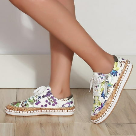 

EQWLJWE Summer Ladies Shoes Lace-up Zipper Design Colorful Printed Platform Casual Sneakers Women s Flat Shoes Holiday Clearance