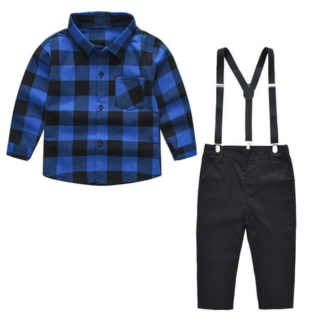 

Toddler Kids Baby Boys Girl Fashion Gentleman British Style Lattice Pattern Print Long Sleeves Casual Shirt Overalls Suit