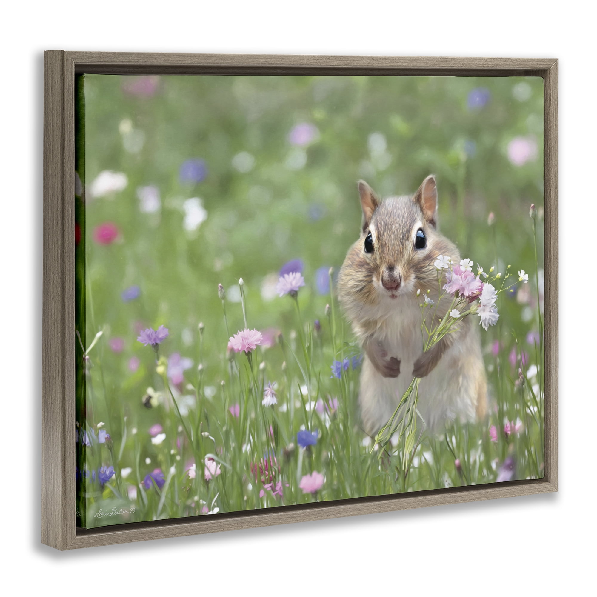 Stupell Industries Chipmunk Picking Flowers Animals & Insects Painting Brown Floater Framed Canvas Art Print Wall Art, 21 x 17