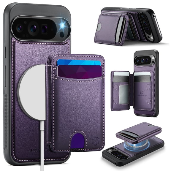 Dteck Magnetic Wallet Case for Google Pixel 9 Pro XL,2 in 1 Detachable Leather RFID Blocking Card Slots Wallet Case Compatible with Mag Safe Shockproof Kickstand Cover,Purple