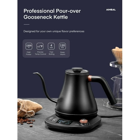 Electric Gooseneck Kettle Temperature Control, Pour Over Electric Kettle for Coffee and Tea, 100% Stainless Steel Inner, 1200W Rapid Heating, 0.8L, Built-in Stopwatch, Matte Black