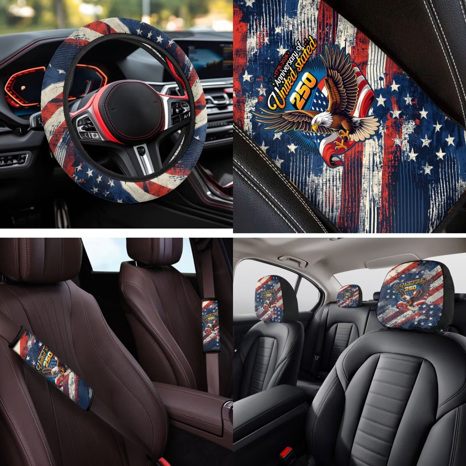 Uorisanigo 14pcs Car Seat Cover with American 250th Anniversary Steering Wheel Cover Armrest Cushion Protector Seat Belt Covers Universal Vehicle Accessories Fit for Most Car, Truck, Suv, or Van