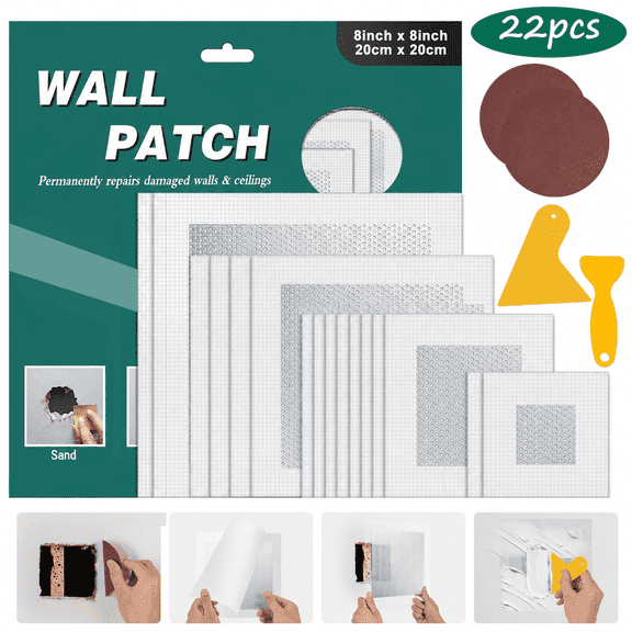 Drywall Repair Patch Kit, 22PCS Aluminum Drywall Patch, 2" 4" 6" 8"Wall Patch Repair Kit, Self Adhesive Wall Mesh Repair Quick Fix Plaster Wall