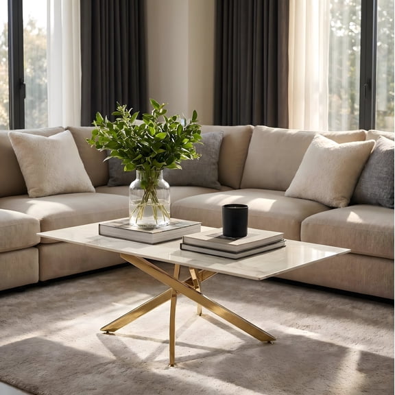 Modern Coffee Table with Marble Print Glass Top and Gold Electroplated Metal Legs