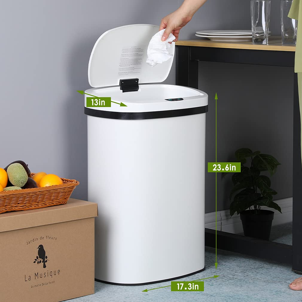FDW  13 Gallon Stainless Steel Touchless Garbage Trash Can with Motion Sensor for Indoor Use(White)